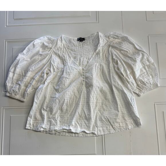 summersalt Tops - Summersalt White Pleated Button Up Henley Puff Sleeve Top, Sz M